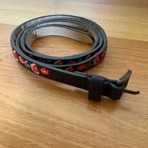 Steve Madden Black Leather Belt with Red Floral Embroidery